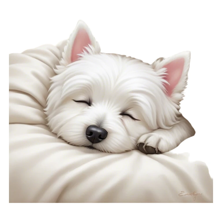 Meme-Worthy Cute Sleeping West Highland White Terrier Portrait Emoji, Head resting peacefully with a contented smile, showcasing a delightfully compact build and a luxuriously soft white coat, eyes shut in a serene nap, Simplified yet hilariously adorable features, highly detailed, glowing with a soft, drowsy light, high shine, relaxed and utterly lovable, stylized with an air of playful laziness, bright and heartwarming, soft glowing outline, capturing the essence of a comically sleepy companion, so meme-worthy it feels like it could instantly become the next viral sensation of adorable slumber! sticker