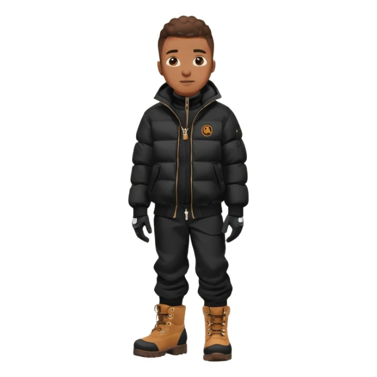 Handsome Black grown man with brown skin tone, wear black joggers, a black bubble coat, and buckwheat timberland boots, and black gloves sticker