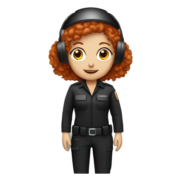 operator dressed in black with a milatary helmet, without glasses, wearing a headset, ready to respond to alerts, preferably curly redhead female  sticker