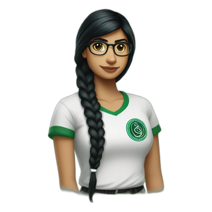 Mia Khalifa black braid white tshirt green sleeves slytherin emblem sticker