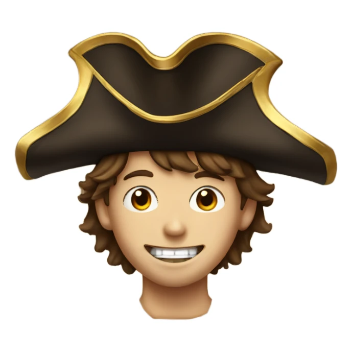 brown haired boy portrait wearing pirate hat and gold tooth sticker