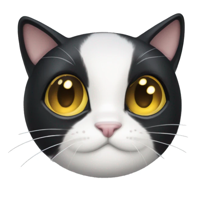 a cute tuxedo cat face with black ears and white face, big round yellow eyes, clipped ear, very cute sticker