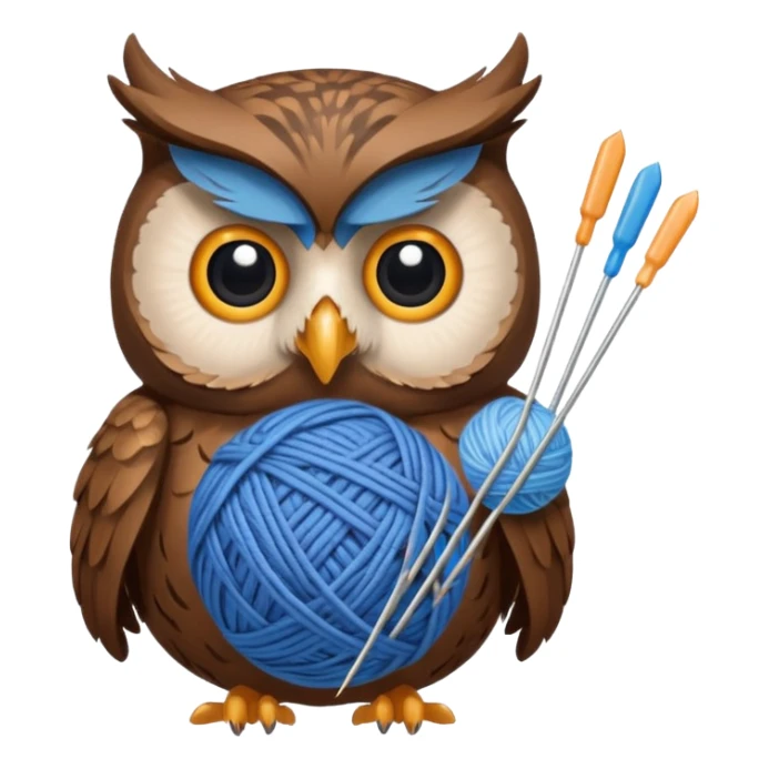 Owl holding blue yarn ball and knitting needles sticker