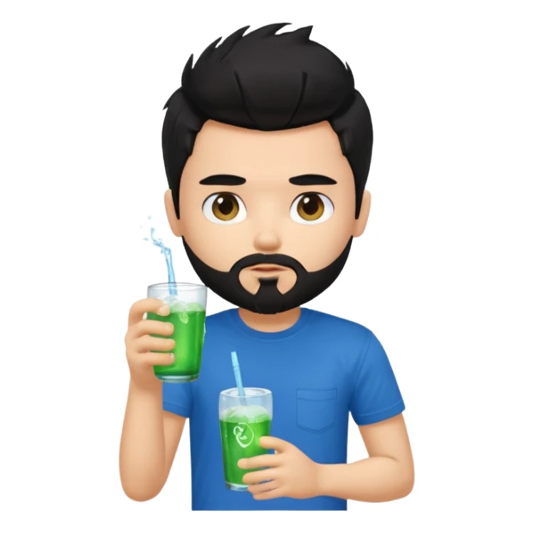 generate a pretty bratz boy with a messy black hair, drinking sprite, bearded, blue tshirt sticker