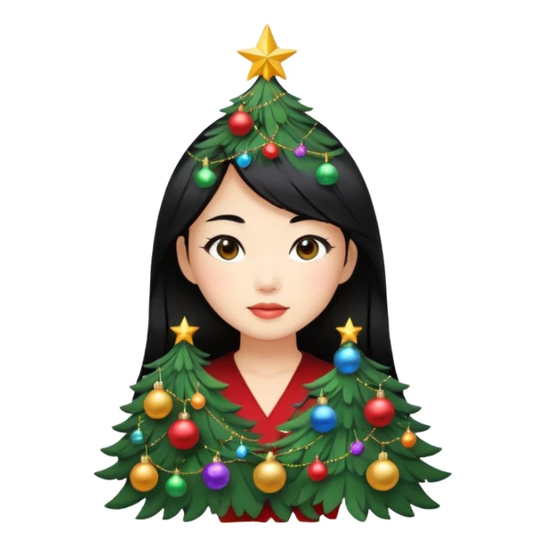 a asian woman whose black hair is a Christmas tree sticker