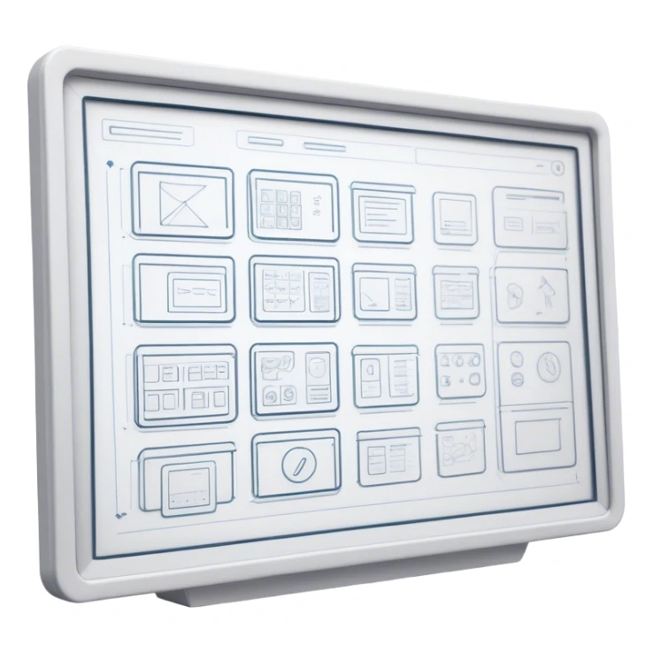 Create an emoji for UX/UI design. Show wireframe sketches or design mockups with interface elements like buttons, sliders, and icons, symbolizing the design process. Use modern, professional colors. Do not include any emojis or smiley faces. Make the background transparent. sticker