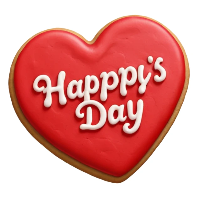 Heart-shaped cookie with red icing emoji, write happy valentine's day on top of the red icing in white icing sticker