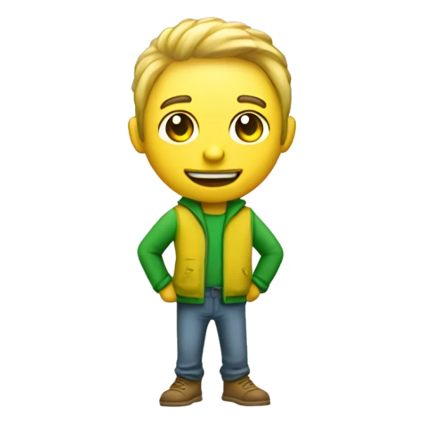 Create a simple friendly token character who has a big coin head and a skinny body. make his main colors of his body green + yellow, his clothes can be whatever color is best fit sticker
