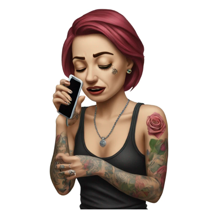 Hyper Realistic Beautiful tattooed woman crying holding a phone  sticker