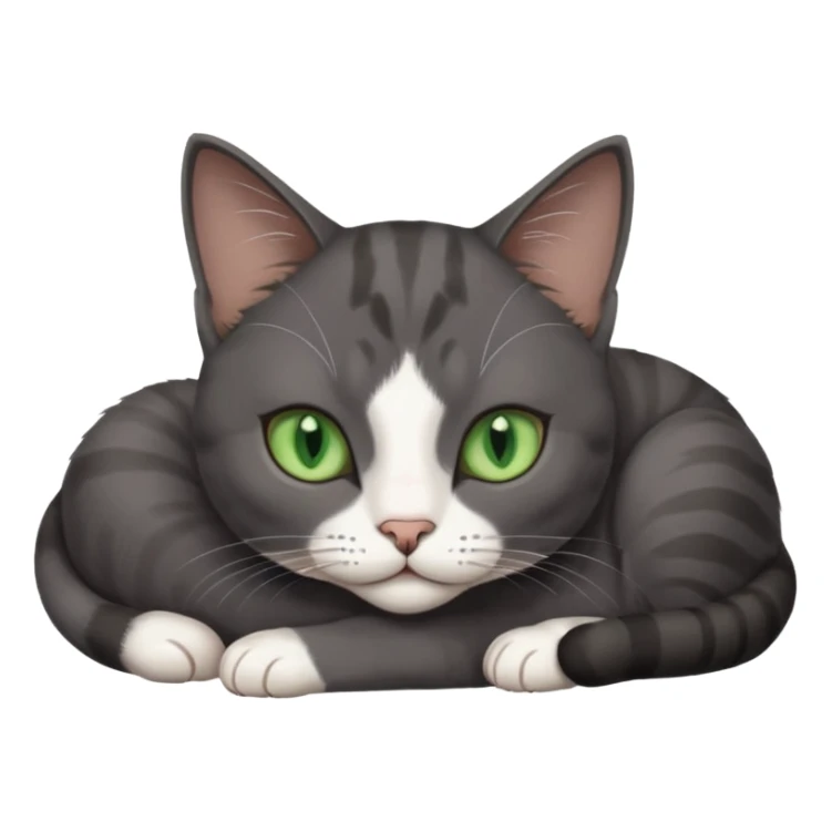 beautiful female solid dark grey cat with green eyes, white toes/paws and white patch on her chest lying down sticker
