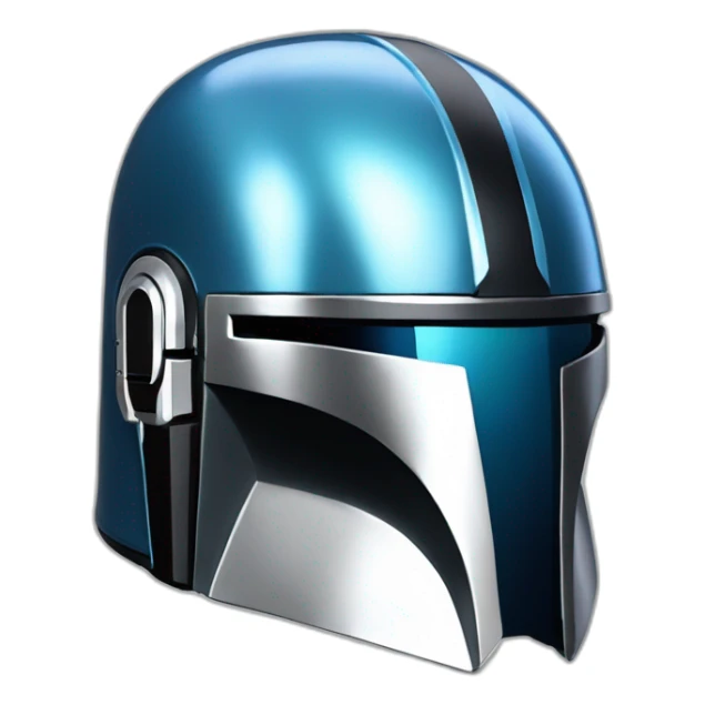shiny blue and silver mandalorian helmet with black sticker