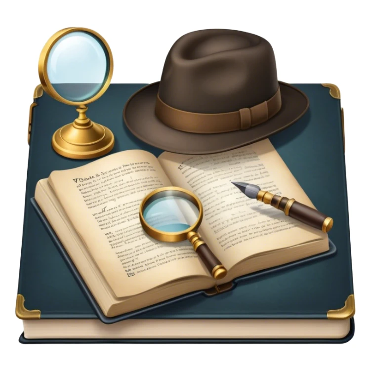Icon for Detective Reading: an open book with text and a magnifying glass, a detective’s hat and a notebook with clues, surrounded by dark shadows and mysterious elements like footprints. Transparent background. sticker