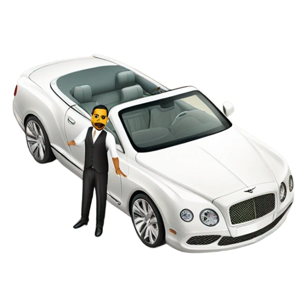 Chubby Arab rich man with a white on white 2025 Bentley convertible  sticker