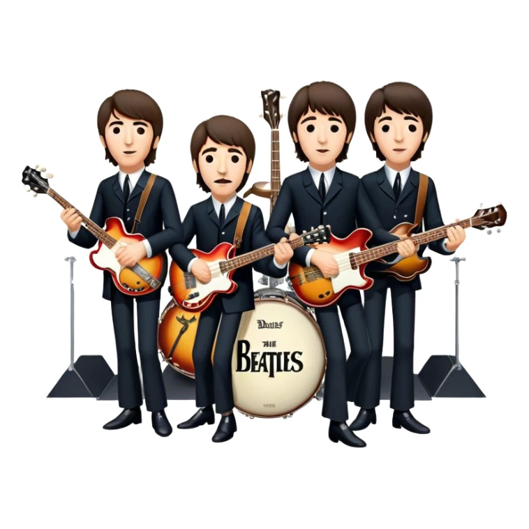 Rock music icon: The Beatles performing live on stage. John Lennon with guitar, Paul McCartney with bass, George Harrison with guitar, Ringo Starr on drums. Bright lights, energetic performance. Transparent background. sticker