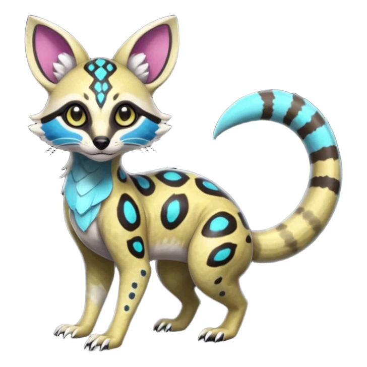 Rare realistic tropical exotic shiny cute epic pretty beautiful handsome gorgeous aesthetic colorful vibrant Vernid-Protogen-Primagen-Wickerbeast-Genet-Trico-species-Fakemon-hybrid-creature by LiLaiRa, beautiful intricate markings, full body sticker