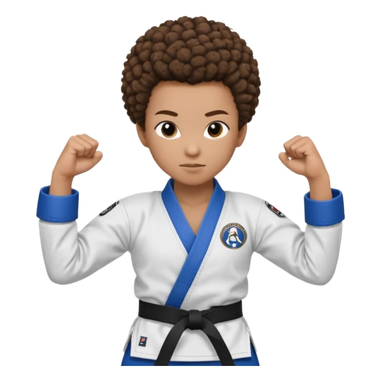 black karate instructor with pony tail afro hair and shaved bald sides haircut, Make the hair brown and the belt blue. Add the roger Gracie academy logo on the go also and the p logo of progress jiu jitsu on the right arm sleeve  at the top sticker