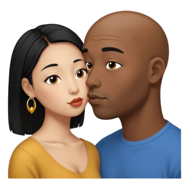 Bald black man with short beard deeply kissing each other. She is a short younger looking asain women. She has long black hair and a nose ring sticker