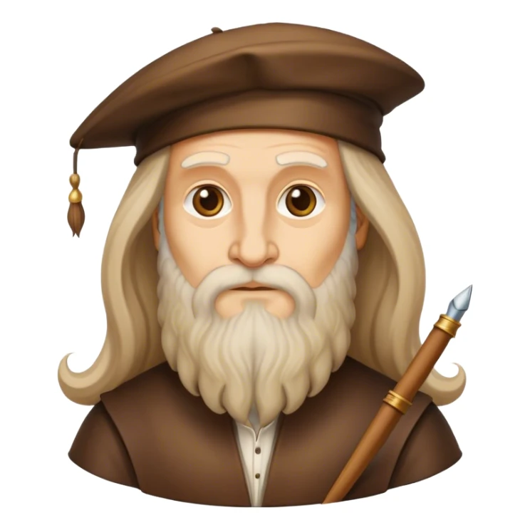 Cinematic Realistic Leonardo da Vinci Portrait Emoji, depicted as the quintessential Renaissance polymath with deep, thoughtful eyes, a flowing beard, and a quill or sketchbook in hand. The scene is illuminated with warm, classical lighting, evoking the atmosphere of a master artist’s workshop, surrounded by early sketches of inventions and masterpieces like the Mona Lisa. sticker