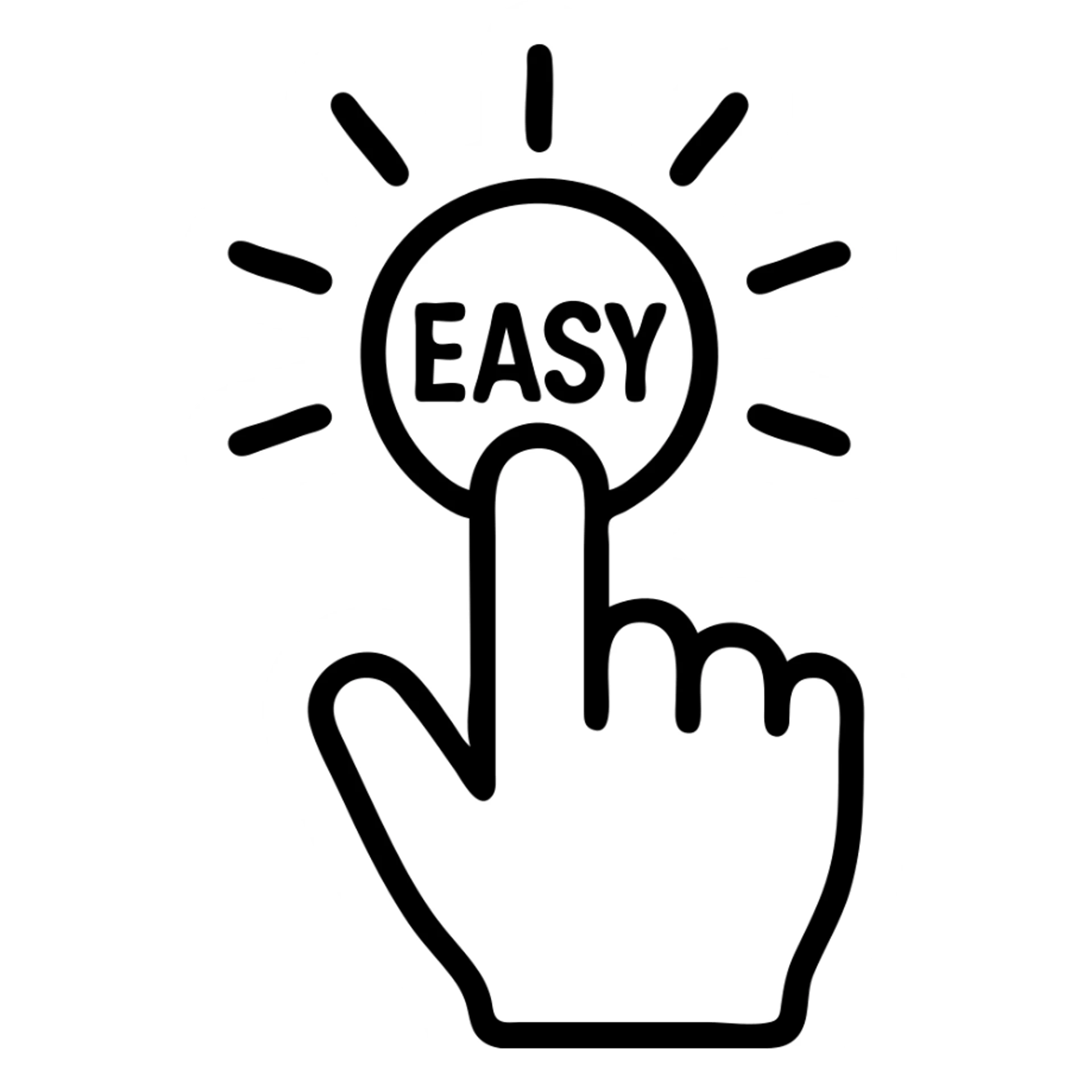 Single finger pressing effortless button with radiating success lines, minimalist interaction design, bold corporate illustration style sticker