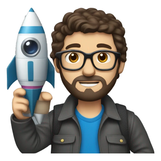 Man with glasses and dark brown hair and beard blue eyes, holding a camera, and a toy rocket sticker