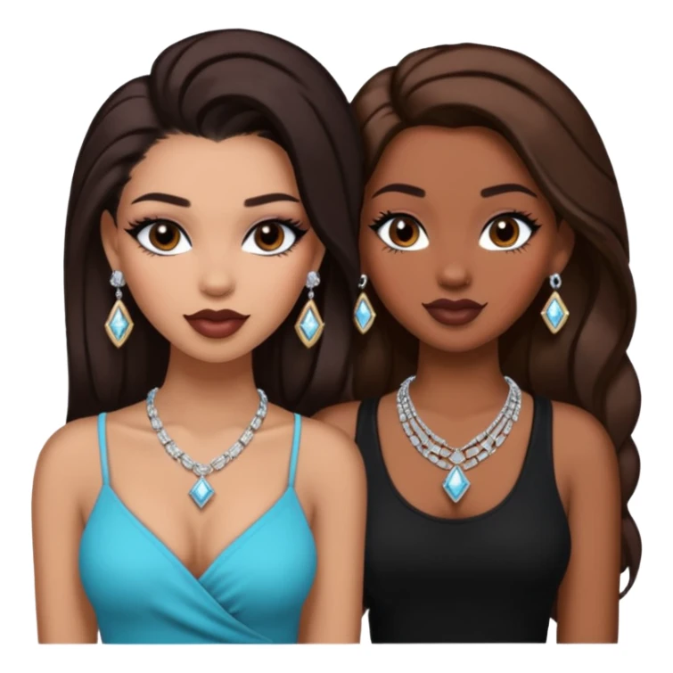 Boujy baddie best friends, trendy heavy makeup both dark hair one light skinned and one mocha brown pretty hair both wearing black and earrings and diamond necklace one mocha brown skin better ones please  sticker
