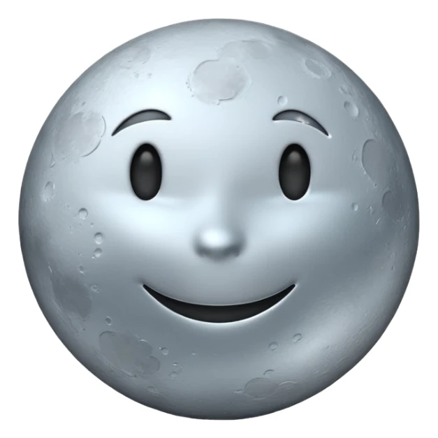Polished silver moon emoji, chrome metallic texture, iOS emoji style, soft glow, smooth reflections, minimalistic design sticker