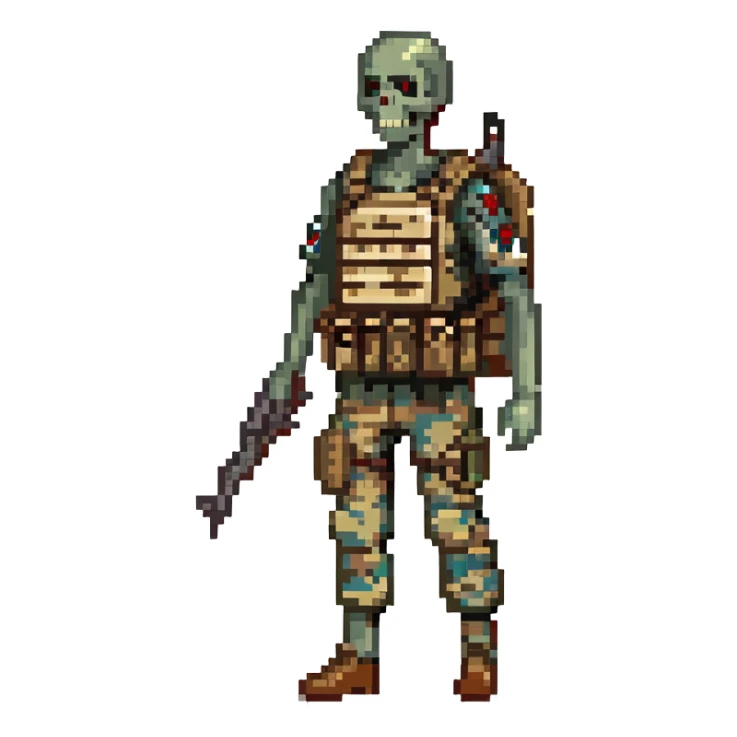 A zombie undead soldier, he has a bdu camouflaged uniform with a tan plate carrier, undead, leaned over posture, zombie, partially skeleton sticker