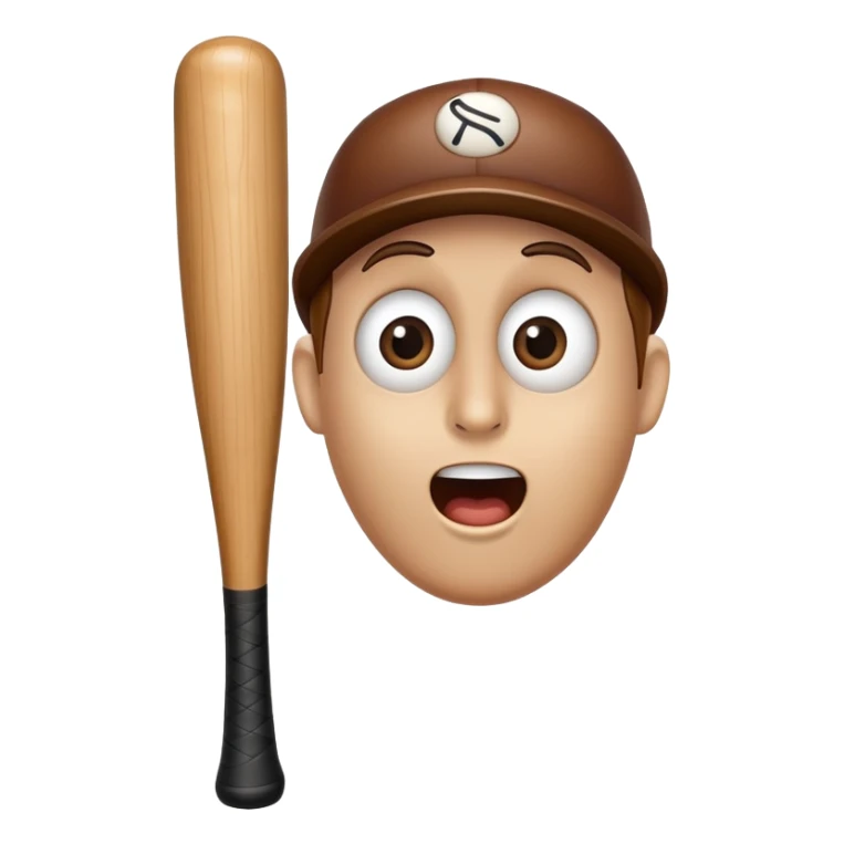 Classic wooden baseball bat with a face having round eyes, a small nose, and a surprised mouth sticker