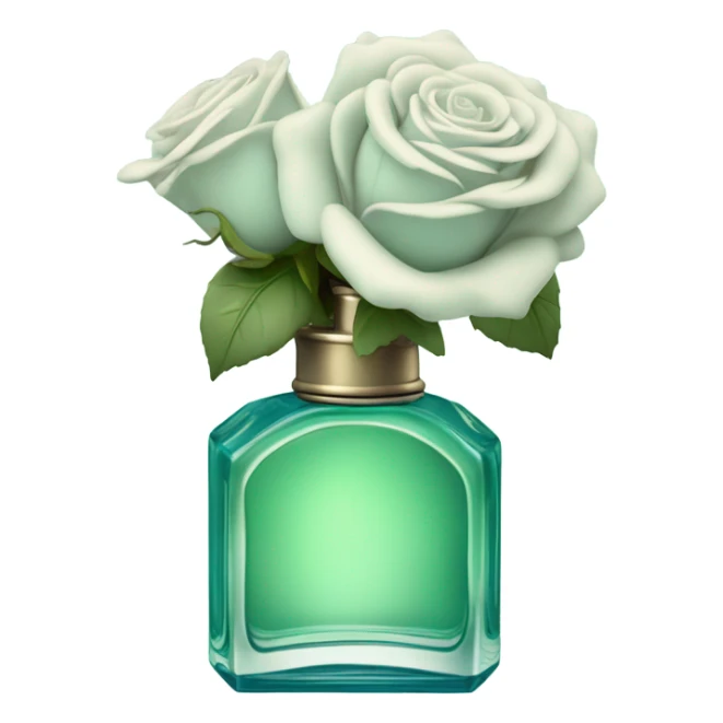 Aesthetic composition of soft blue roses with a vintage-style green  perfume bottle.
 sticker