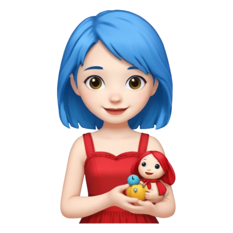 blue haired red wearing girl with small toy sticker