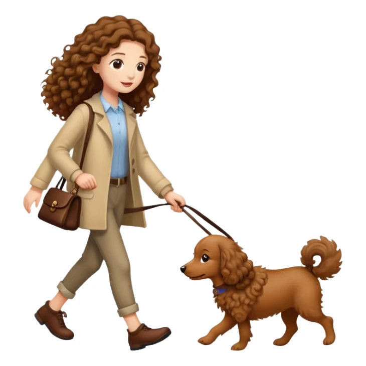 A long-haired girl walking a small brown curly dog sticker