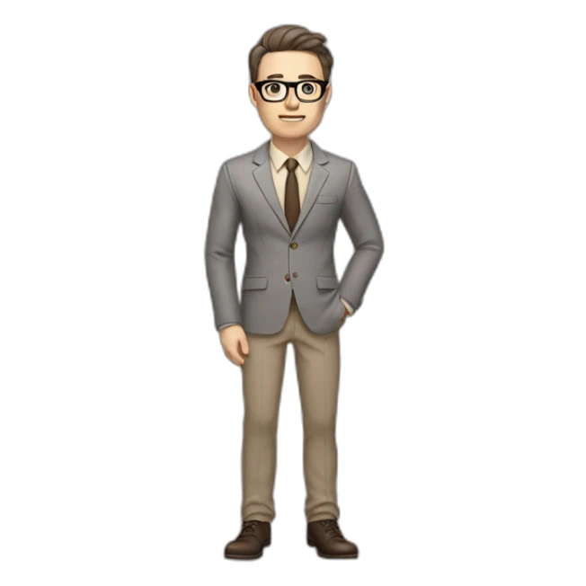 Full height Gesticulating Pale skinned fit man with dark brown hair in gray jacket, beige office shirt, brown tie, brown pants and vintage glasses. sticker