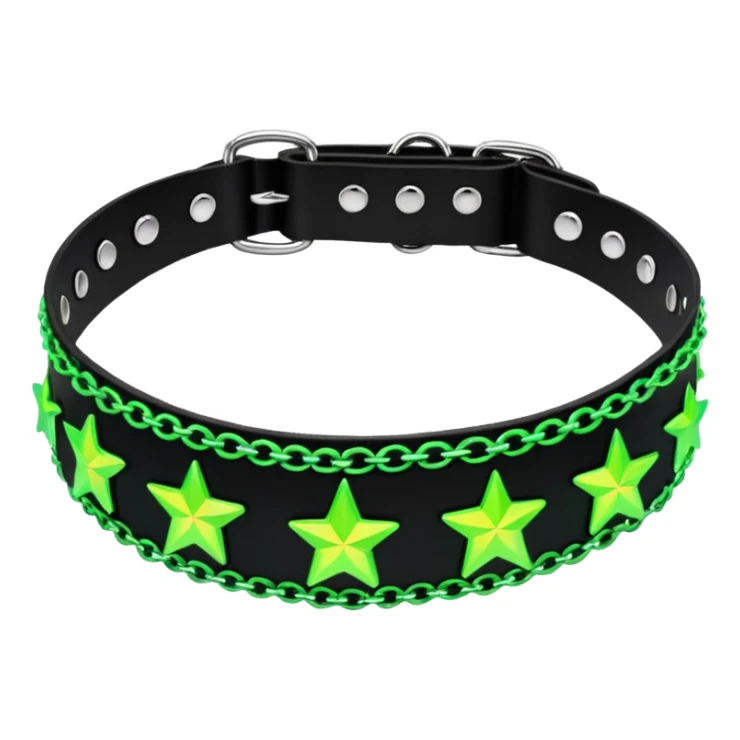black iridescent thick plastic embroidered collar with neon-green stars and lime-green chains on it   sticker