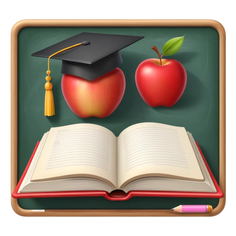 An icon featuring an open book, a chalkboard with lesson plans, and a pencil, symbolizing education and pedagogy. The design includes an apple and a graduation cap, representing teaching and learning. Transparent background highlights the growth and development in education. sticker