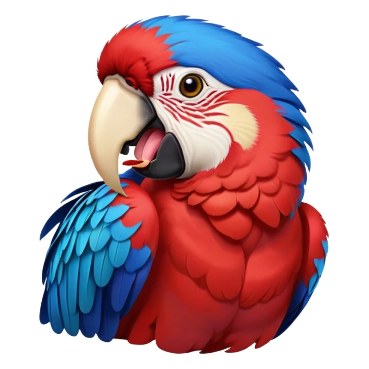 Cinematic Realistic Cute Yawning Macaw Portrait Emoji, Head tilted slightly with a dramatic, wide-open yawn, showcasing a soft, downy arrangement of vivid scarlet and blue feathers with gently drooping features and half-closed, drowsy eyes, rendered with lifelike feather detail and natural lighting, high shine, relaxed yet expressive, styled with a dash of tropical whimsy, soft glowing outline, capturing the essence of a sleepy yet affectionate macaw that appears ready to rest its wings in a quiet, enchanted moment! sticker