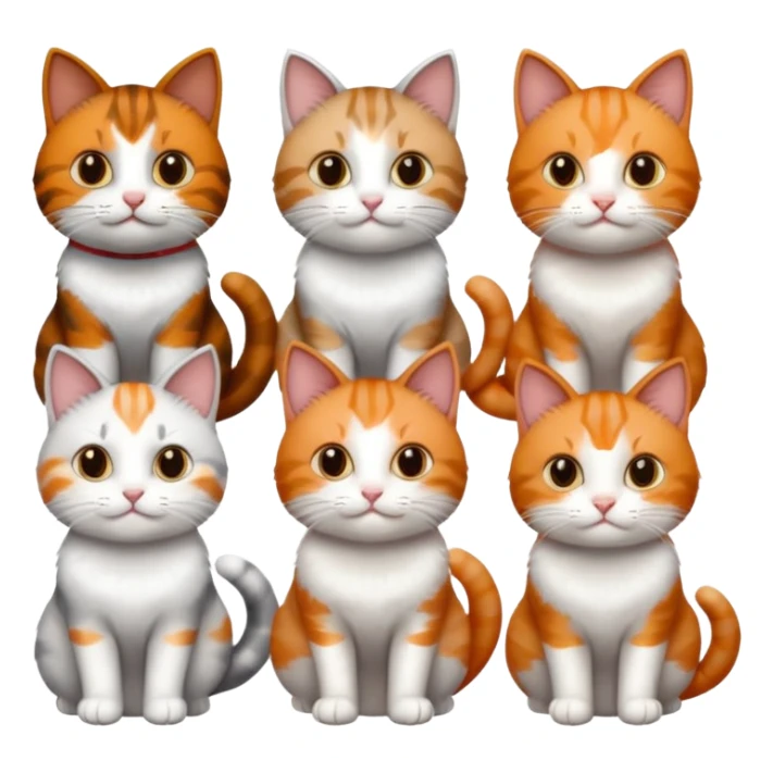 6 cats with different coloured coats, 2 are grey and white, 1 is grey with a little white, 1 calico, 1 brown tabby and white and one ginger and white sticker