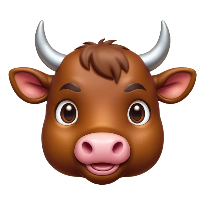 Cinematic Cute Brown Bull Portrait Emoji, Head tilted playfully and inquisitively, featuring a glossy, robust brown hide with a natural sheen, round, sparkling dark eyes filled with gentle curiosity, Simplified yet irresistibly adorable features, highly detailed, glowing with a warm, friendly glow, high shine, affectionate and imposing, stylized with a touch of rugged charm, bright and endearing, soft glowing outline, capturing the essence of a mischievous yet loving bull, so playful it feels like it could stomp out of the screen and into your arms! sticker