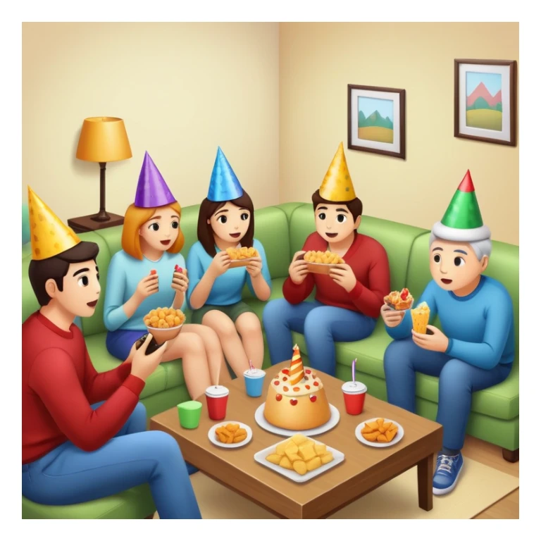 group of friends watching TV with snacks, party scene sticker
