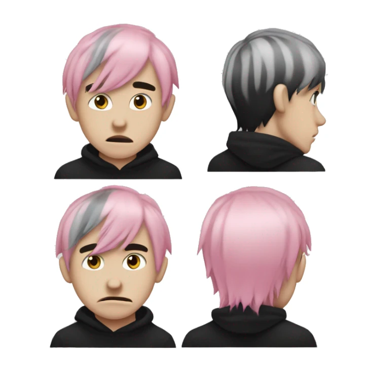 Create an emoji of an emo guy with split-dyed hair (one side pastel pink, the other side black), wearing black clothes and a subtle sad expression, inspired by the style of Lil Peep. sticker