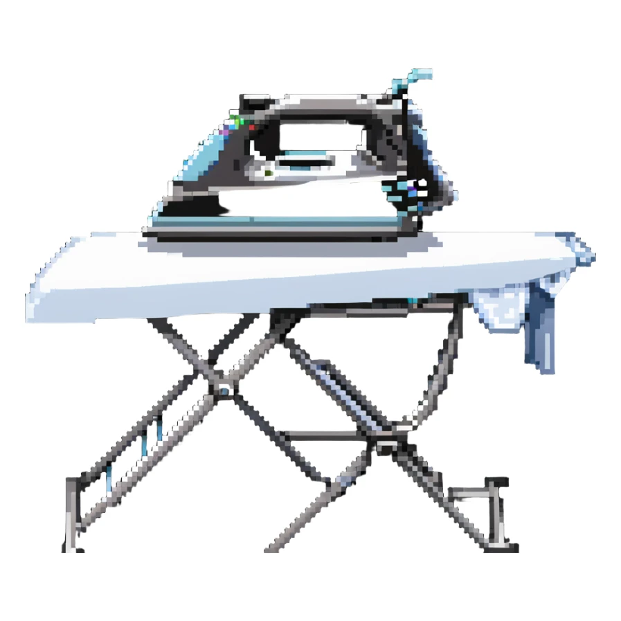 A detailed clothes iron next to an ironing board sticker