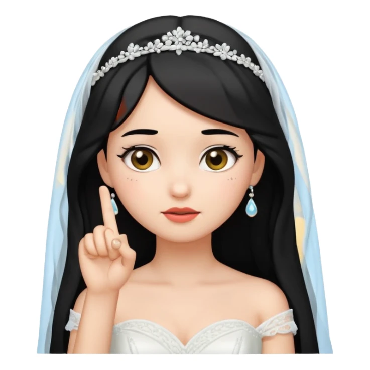Black-haired bride in a white wedding dress and veil, curious expression, pointing to her head with her index finger, cute emoji style. sticker