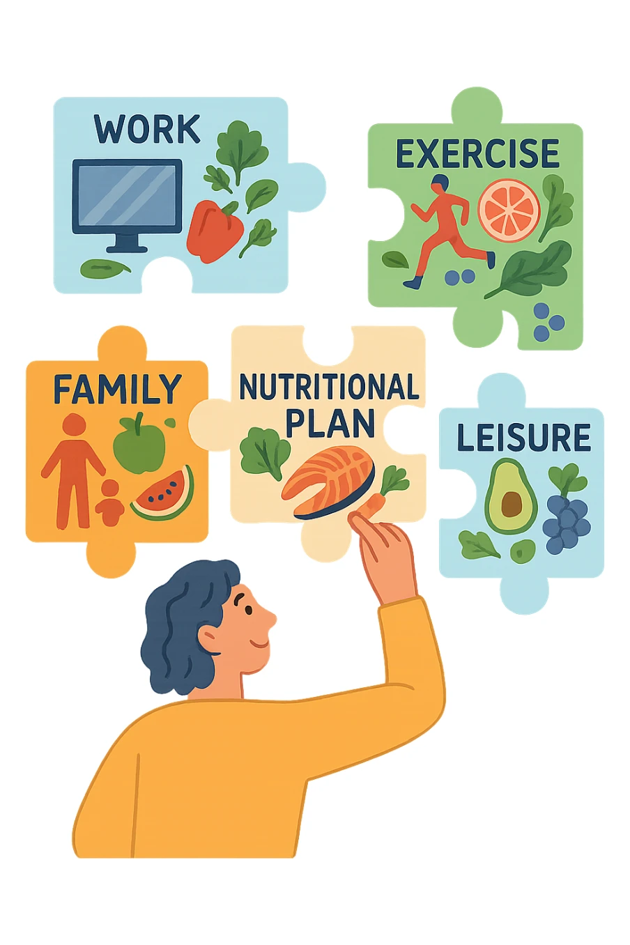 a person is surrounded by puzzle pieces, each representing a different aspect of their life (work, exercise, family, leisure), and healthy foods are integrated into each piece. The person assembles the puzzle, creating a complete, personalized nutrition plan. The mood is uplifting and creative. in italiano sticker
