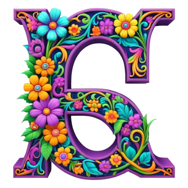 3D, gothic style psychedelic colored capital Letter Q with hippie style flower border sticker