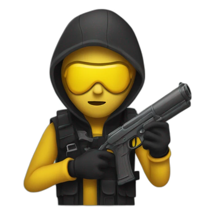 person that looks like a robber with a black watergun with yellow skin sticker
