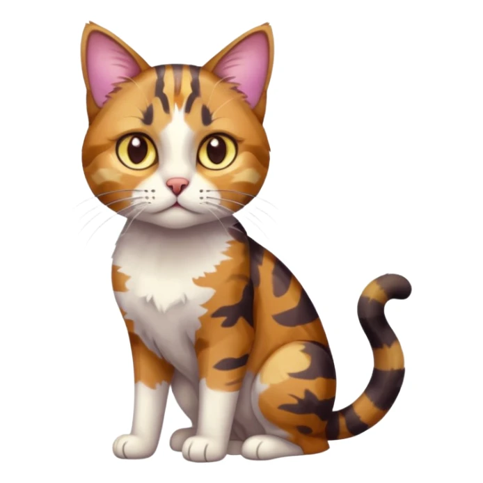full body anxious looking colourful light calico tabby cat with hazel eyes and patchy brown tabby sections of fur sticker