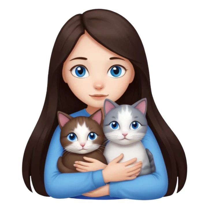 a girl with long dark 
brown hair, with blue eyes, hugs 3 different natural coloured cats sticker