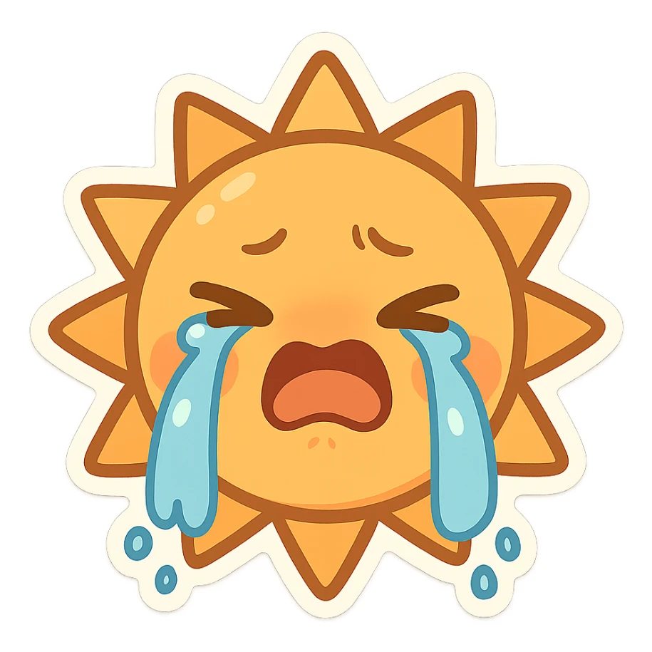 crying sun with expressive face, stylized, no background sticker