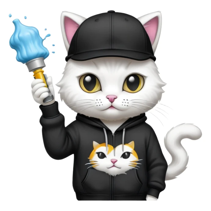 cat wearing a black snapback cap and black hoodie doing graffiti art with spray paint, street art style sticker