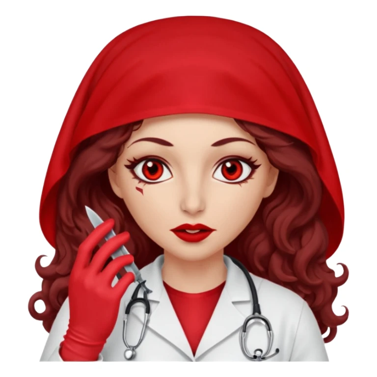 Lilith scalpel in hand, evil surgeon sexy surgeon clothes.  She has red eyes. She has dark brown long curly hair. Wears sexy doctor outfit with red gloves. Covers mouth neck and nose with red burka to hide her identity sticker