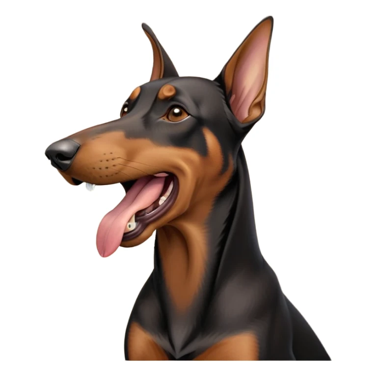 cinematic-cute-yawning-doberman-portrait-emoji,-head-tilted-slightly-with-a-dramatic,-wide-open-yawn,-revealing-a-sleek black and brown fur-with-a-subtle-shimmer,-floppy-ears-slightly-drooping,-round-brown-eyes-barely-open-in-drowsy sticker